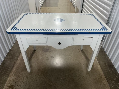 Vintage 3 Drawer Kitchen Table With Porcelain Top Ornate Design Cover