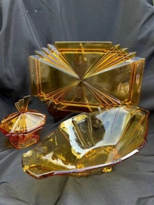Bedford 3057 Bagley Art Deco Amber Glass Table Set: Tray, Lidded Pot, Bowl Rare - Picture 1 of 10