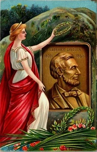 Abraham Lincoln 1809-1865 plaque, Robed Lady laurel crown, embossed postcard - Picture 1 of 2