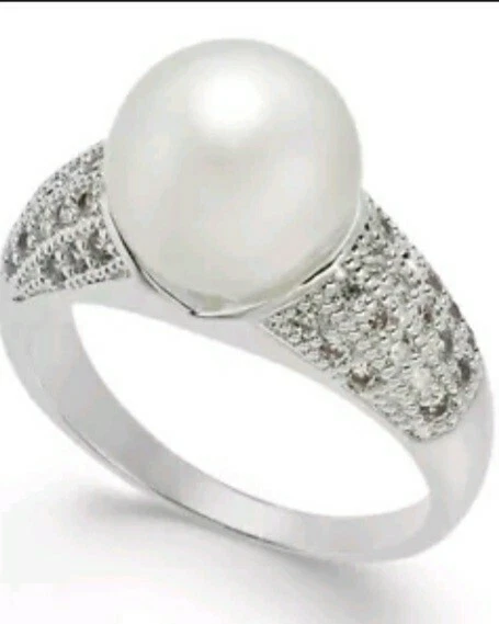 Charter Club Silver-tone Pave & Imitation Pearl Ring Size 6
