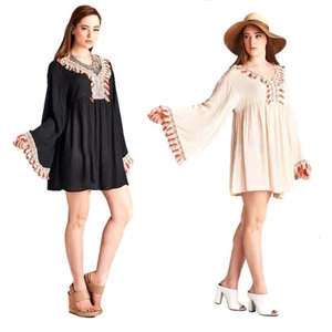 VELEZRA Womens Embrodiery Fringe Boho Bohemain Long Bell Sleeve Dress S M L - Picture 1 of 12