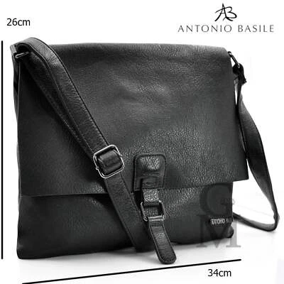 BASILE borsa uomo donna vintage pelle nera militare tracolla postina capiente - Immagine 1 di 4