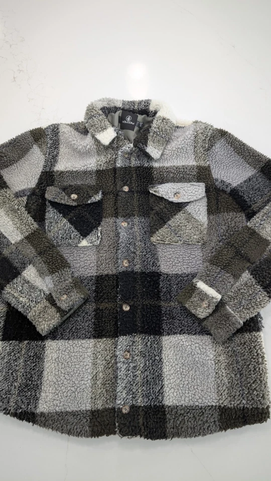 Chaqueta Volcom Silent Sherpa para mujer mediana a cuadros polar pila negra gris Foto 1 de 4