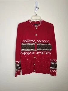 Guide Women's M Red Fair Isle Button Front Cotton Blend Cardigan Sweater EC - Picture 1 of 11