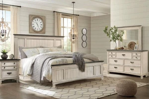 NEW Queen King 4PC Two-Tone Rustic White Bedroom Modern Furniture Set Bed/D/M/N - Picture 1 of 13