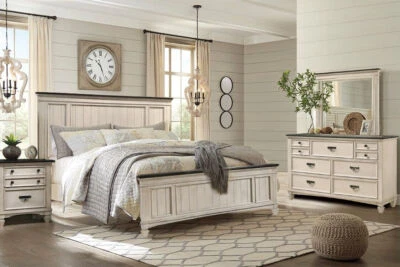 NEW Queen King 4PC Two-Tone Rustic White Bedroom Modern Furniture Set Bed/D/M/N - Image 1 of 4
