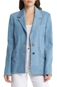 FRAME Femme Denim Blazer Womens Jacket Size 8 Blue Notch Lapel Button Coat $648 - Picture 1 of 10