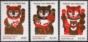 2022 Isla de Navidad Año del Tigre Juego de 3 Como Nuevo Nunca Bisagras Limpio y Fresco - Imagen 1 de 1