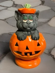 Vintage Halloween Black Cat Jack-O-Lantern Pumpkin Holland Mold Ceramic w/Light - Picture 1 of 17