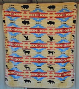 SOUTHWEST INDIAN BEAR BUFFALO EAGLE HORSE DEER WOLF BGE QUEEN BLANKET BEDSPREAD - Picture 1 of 2
