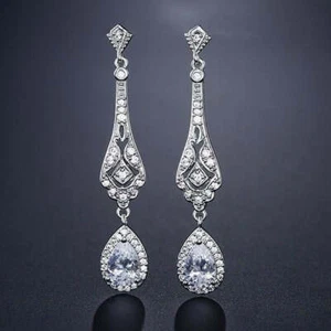 Great Gatsby 1920's Crystal Rhinestone Drop Earrings - Silver (Style 10) - Foto 1 di 2