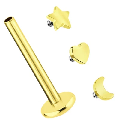 Ohrpiercing Stecker Tragus Titan Labret 1,2mm + Herz, Mond oder Stern vergoldet - Bild 1 von 3