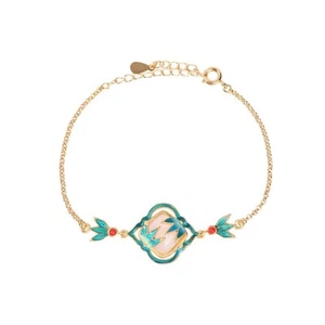 Pulsera chapada en oro con incrustaciones de jade y bambú motivo de paz y esmalte cloisonné - Imagen 1 de 3
