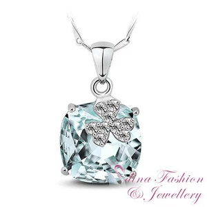 S925 Sterling Silver Swarovski Crystal Flowery Wedding Dress Aquamarine Necklace - Picture 1 of 8