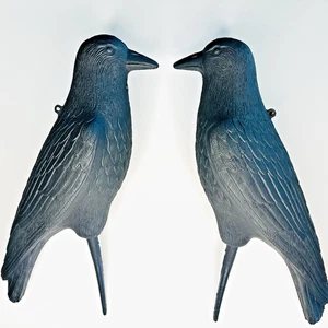 17" Pair Black Crow Ravens Bird Decoy Hanging Stake Flambeau Halloween Blow Mold - Picture 1 of 8