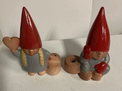 Vintage Lisa Larson Design Sweden Gnome Red Hat Art Pottery Candle Holder Lot X2 - Image 1 of 4