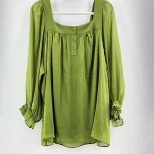 LC Lauren Conrad Plus 2X Square Neck Peasant Blouse Green Crinkle Chiffon NWT - Picture 1 of 16
