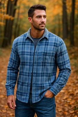 L.L.Bean Men’s M Fleece Lined Flannel Shirt Blue Plaid Button Front Long Sleeve  - Image 1 of 4