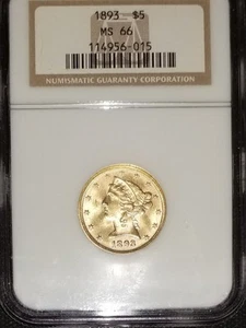 1893 $5 Gold Liberty Head Half Eagle - NGC MS 66  - Picture 1 of 2