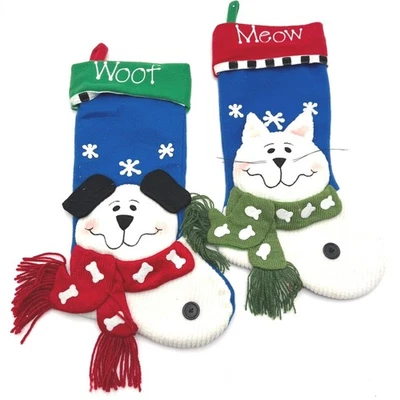 Pets Christmas Stocking Dog Cat Woof Meow Plush Applique Holiday Decor Set of 2 - Image 1 of 3