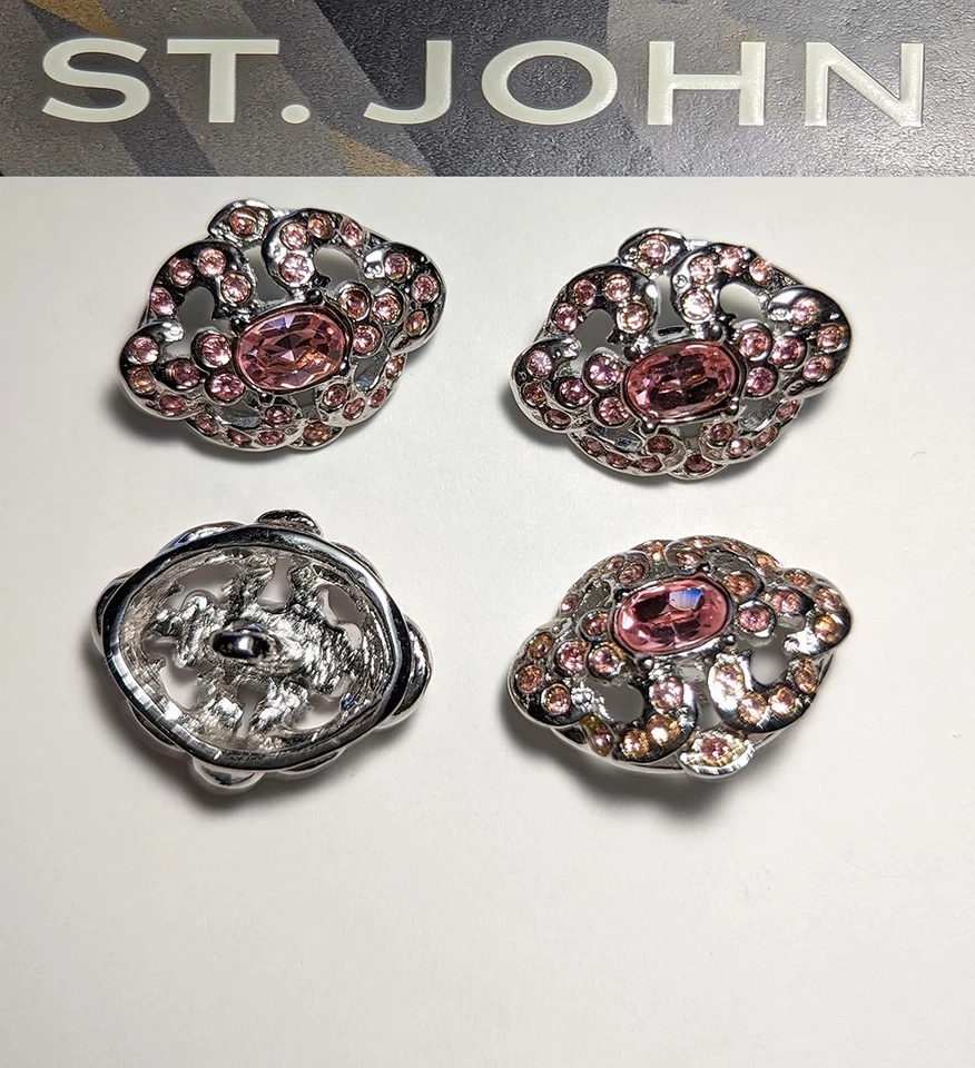 St John Knits Silver Tone Rose Pink Crystal Marquise Shape Replacement Buttons  - Image 1 of 1