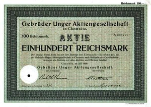 Lot 100 X Gebrüder Unger Aktiengesellschaft 1928 100 RM - Bild 1 von 1