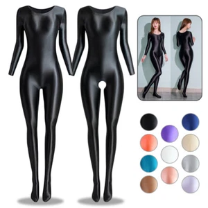 Women Sexy Suit Jumpsuits Shiny Bodysuit Glossy Catsuit Overalls Leotard Legging - Picture 1 of 34