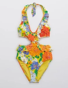 NEW Women's Size L Aerie Ruffle Halter 1 One Piece Bikini Swimsuit Floral - Picture 1 of 5