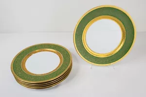 Bernardaud Limoges France Vergennes Green Dinner Plates Set of 6 Gold Encrusted - Picture 1 of 12
