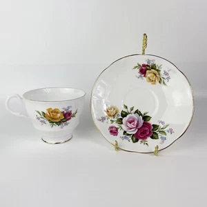 Royal Dover Tea Cup Saucer Set Crown Bone China England Rose Flowers Gold Trim - Picture 1 of 10
