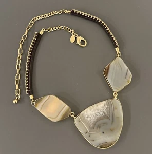 CHICO'S Agate Statement Necklace Brown Leather Band Gold Tone Metal Gray Cream - Picture 1 of 8