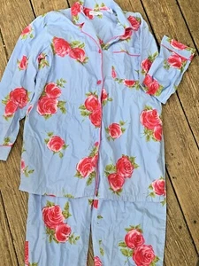 Studio by VALERIE STEVENS Red Rose on Blue Pajamas Set SEXY Rare Size S ❤️sj15m5 - Picture 1 of 12