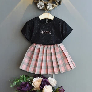 2PCS Baby Girls Short Sleeve Set T-shirt +Grid Skirt Kids Summer Clothes Outfits - Picture 1 of 14