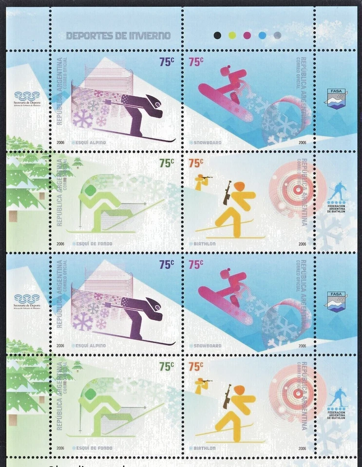 Argentina Stamps 2006  Winter Sports Minisheet FULL SET  MNH Ski Snow x 8 Stamps - Image 1 of 1