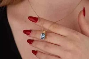 2Ct Emerald Cut Lab Created Aquamarine Solitaire Pendant 14K Yellow Gold Plated - Picture 1 of 5
