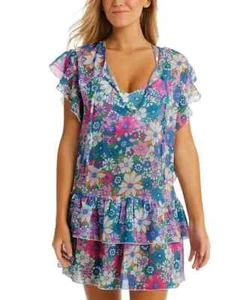 Jessica Simpson Crazy Daisy Tiered Flutter-Sleeve Tie-Neck Swim Cover-Up Size M - Picture 1 of 2