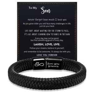 To My Son Bracelet - Black Jewellery For Men Braided Leather - Picture 1 of 5