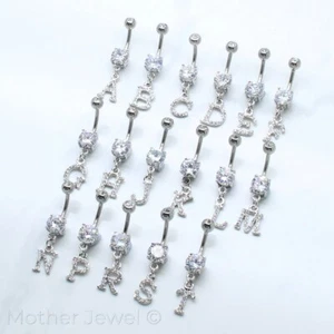 DIAMOND SIMULATE INITIAL ALPHABET LETTER BELLY BUTTON NAVEL BAR SILVER RING - Picture 1 of 37