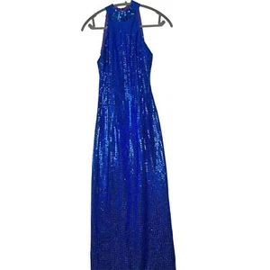 Roberta Vintage Blue Sequin High Neck Halter Top Maxi Dress Gown size 7/8 - Picture 1 of 6