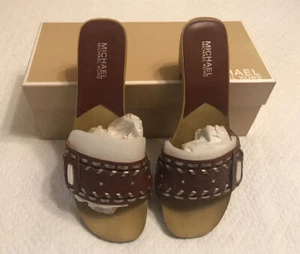 Michael Kors Sz 8.5 Palm Beach Slide Cognac Embellished  Leather  NEW IN BOX - Picture 1 of 8