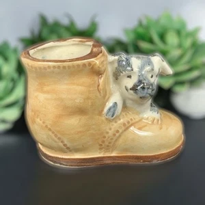 Plantador Perro Terrier Cerámica Cachorro Perro en Bota Zapato Suculentas De Colección Japón - Imagen 1 de 13