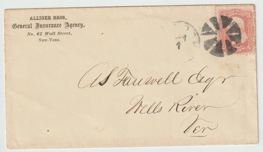 US #65 Alliger Bros. Insurance  on Vermont Adv. Cover Fancy Cancel 1865 - Image 1 of 1