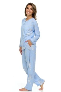 Flora Nikrooz Soft & Stretchy Henley Blue Floral Long Sleeve & Pant PJ Set XS 2 - Picture 1 of 12