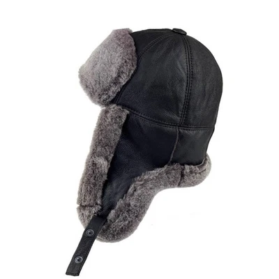 Sombrero Ushanka ruso hecho a mano - Sombrero trampero de piel de oveja de cuero genuino Foto 1 de 4