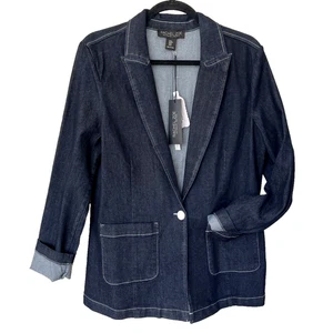 NWT Rachel Zoe Repreve Notch Lapel Long Sleeve Blue Denim Blazer SZ M - Picture 1 of 8