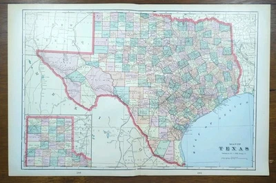 复古 1905 年得克萨斯地图 22 英寸 x 14 英寸老式原版加尔维斯顿·休斯顿·奥斯汀 TX — 第 1/4 张图片