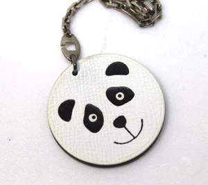 HERMES Animal Key Chain Noe Panda Pattern Keyring White Black Leather Silver 925 - Picture 1 of 3