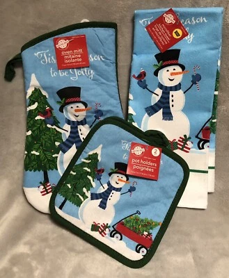 NEW Snowman "Tis The Season To Be Jolly" Oven Mitt Potholders Dish Towel 3pc Set - Image 1 of 4
