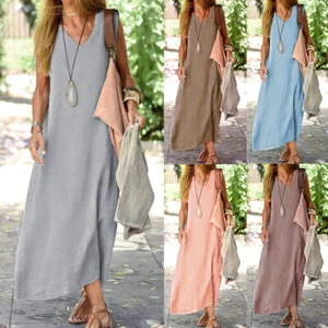 Plus Size Women Cotton Linen Baggy V Neck Tank Dress Summer Kaftan Sundress - Picture 1 of 22