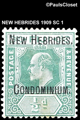 NUEVO HÉBRIDAS 1909 SC 1 REY EDWARD VII 1/2p GRN CON SELLO NEGRO OP OF FIJI MHR OG F/VF Foto 1 de 2